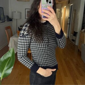 J. Crew Women's Navy Houndstooth Crewneck Sweater - 100% Merino Wool